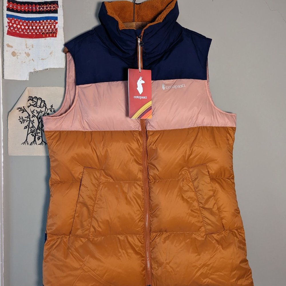 cotopaxi Solazo Down Vest; Size Large; pink, blue, and orange